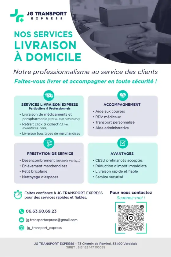 🚨 Bonne nouvelle ! 🚨
Vous pouvez désormais bénéficier de la réduction d'impôt immédiate sur nos services à la personne ! 💸
📞 Pour en profiter ou obtenir plus d'informations, contactez-nous au 06 63 60 69 23.
🎫 Nous acceptons également les CESU préfinancés.
✅ Nos services à la personne :
🍽️ Livraison de repas
En partenariat avec Le Cochon qui Siffle 👉 Voir la page Facebook:https://www.facebook.com/jeanphilippe.colombier.7
🚗 Accompagnement à vos rendez-vous médicaux ou personnels
🛒 Livraison de courses
Retrait en drive via le service click and collect
📦 Livraison de marchandises
Tous types de marchandises sont pris en charge
🖥️ Assistance administrative et informatique
📆 Horaires d’ouverture cette semaine :
🕙 Du lundi au samedi, de 10h à 20h
🚚 Livraison possible à domicile ou sur votre lieu de travail
Nos tarifs s’appliquent à partir du point de retrait (pharmacie, supermarché, magasin, point relais...) jusqu'à votre adresse.
📞 Besoin d’un service ? Une question ?
Contactez-nous sans hésiter, nous sommes là pour vous aider!