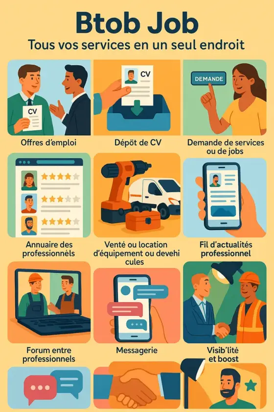 🔹 Pour les PARTICULIERS :

📣 Besoin d’un coup de main, d’un pro ou d’un service près de chez vous ?
👉 Déposez votre demande gratuitement sur [site masqué]
✅ Travaux, aides, petits boulots, location d’objets ou d’utilitaires
💬 Contact direct, pas d’intermédiaire, pas de commission !

🟢 Simple, rapide, efficace. Essayez maintenant 👇
➡️ [site masqué]

⸻

🔸 Pour les PROFESSIONNELS :

🔧 Artisan, auto-entrepreneur, pro du service ou du bâtiment ?
📢 Faites-vous connaître sur [site masqué]
✔️ Répondez aux demandes des particuliers
✔️ Postez vos annonces, vos services, vos véhicules
✔️ Boostez votre visibilité locale, gratuitement

🟩 Btob Job, la plateforme 100% utile et 0% prise de tête.
➡️ [site masqué]